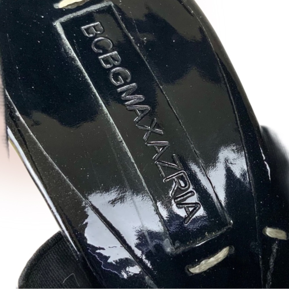 BCBG MAXAZRIA Black Leather & Elastic Strappy Sandals with Stacked Heel - Picture 9 of 12